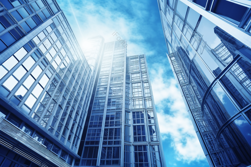 蔚蓝天空云朵高楼玻璃环绕拍摄,高清,摄影图,摄影图片,图片大全,摄影图免费下载